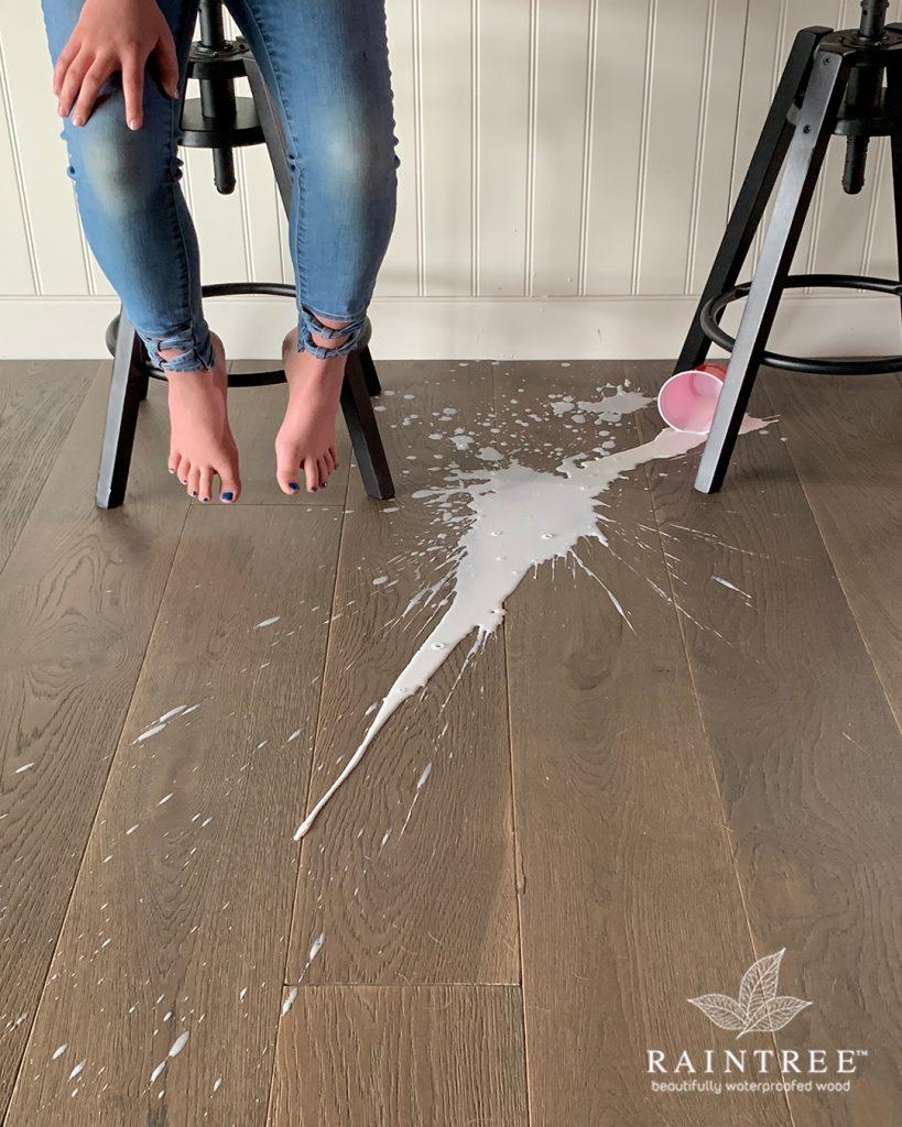 Milk spills on waterproof hardwood flooring